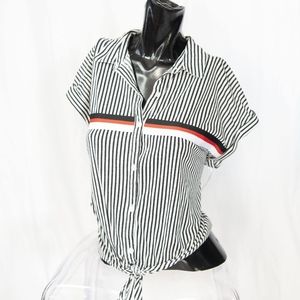 Womens waist tie button up summer blouse